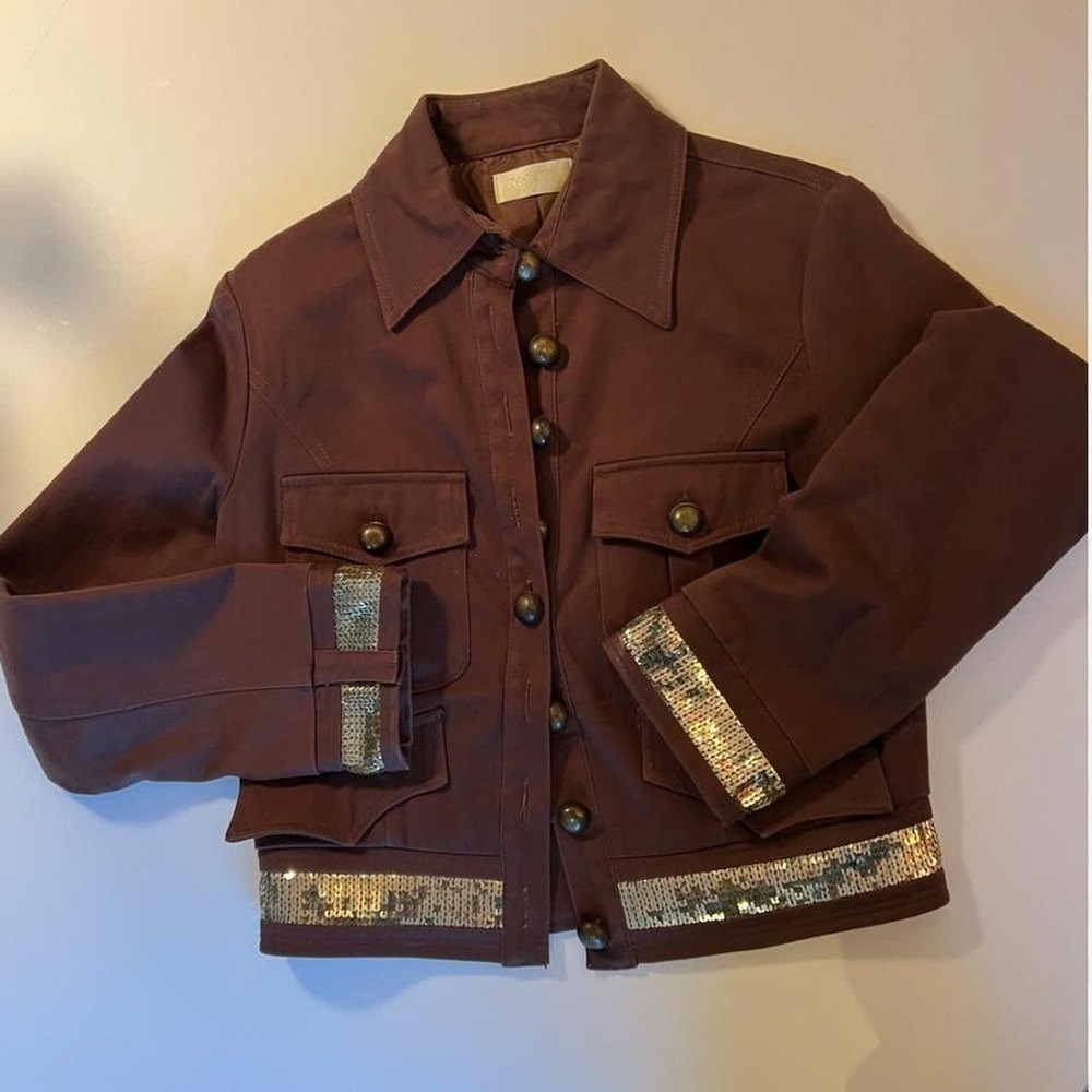 Joyxtin Brown Cropped Sequin Utility Jacket Metallic Buttons Size S